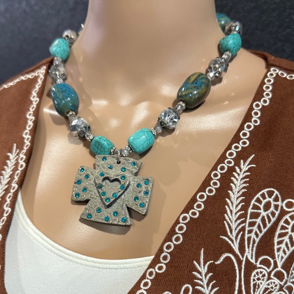 Turquoise and Silver Cross Pendant Necklace - Picture 2 of 3